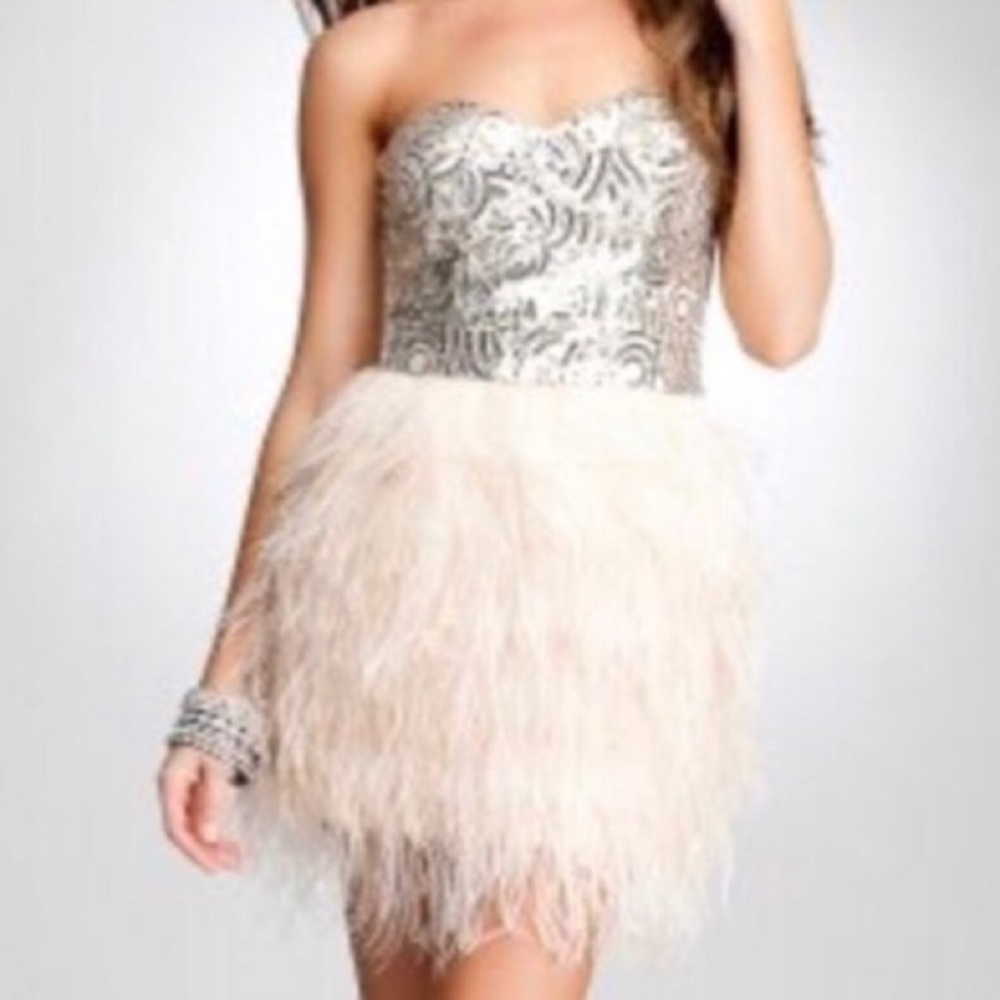 Bebe sequin and ostrich feather dress